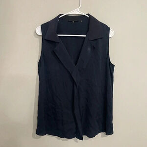 Elie Tahari‎ Navy Silk Collared Sleeveless Blouse